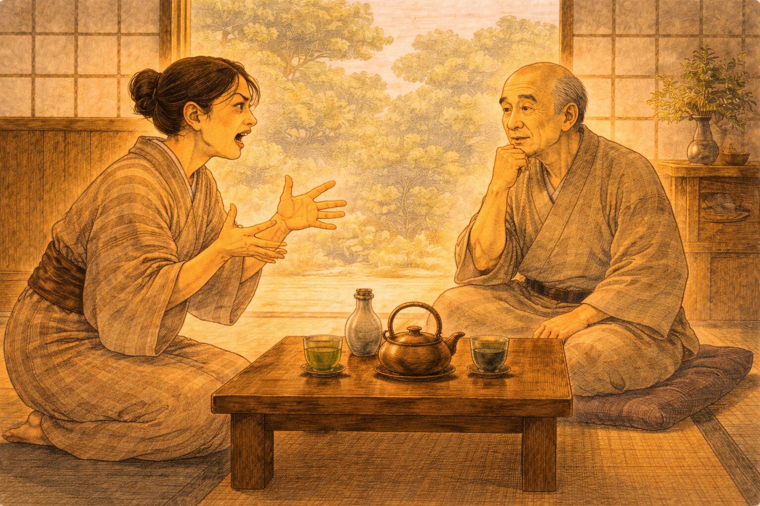 昼の長屋で女房が隠居に身ぶり大きく相談する一場面