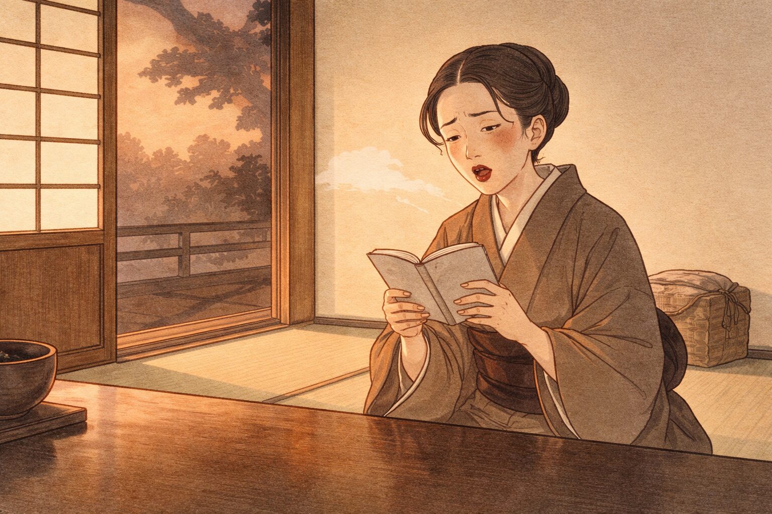 夕方の座敷で女房が覚えた洒落歌を必死に口にする一場面