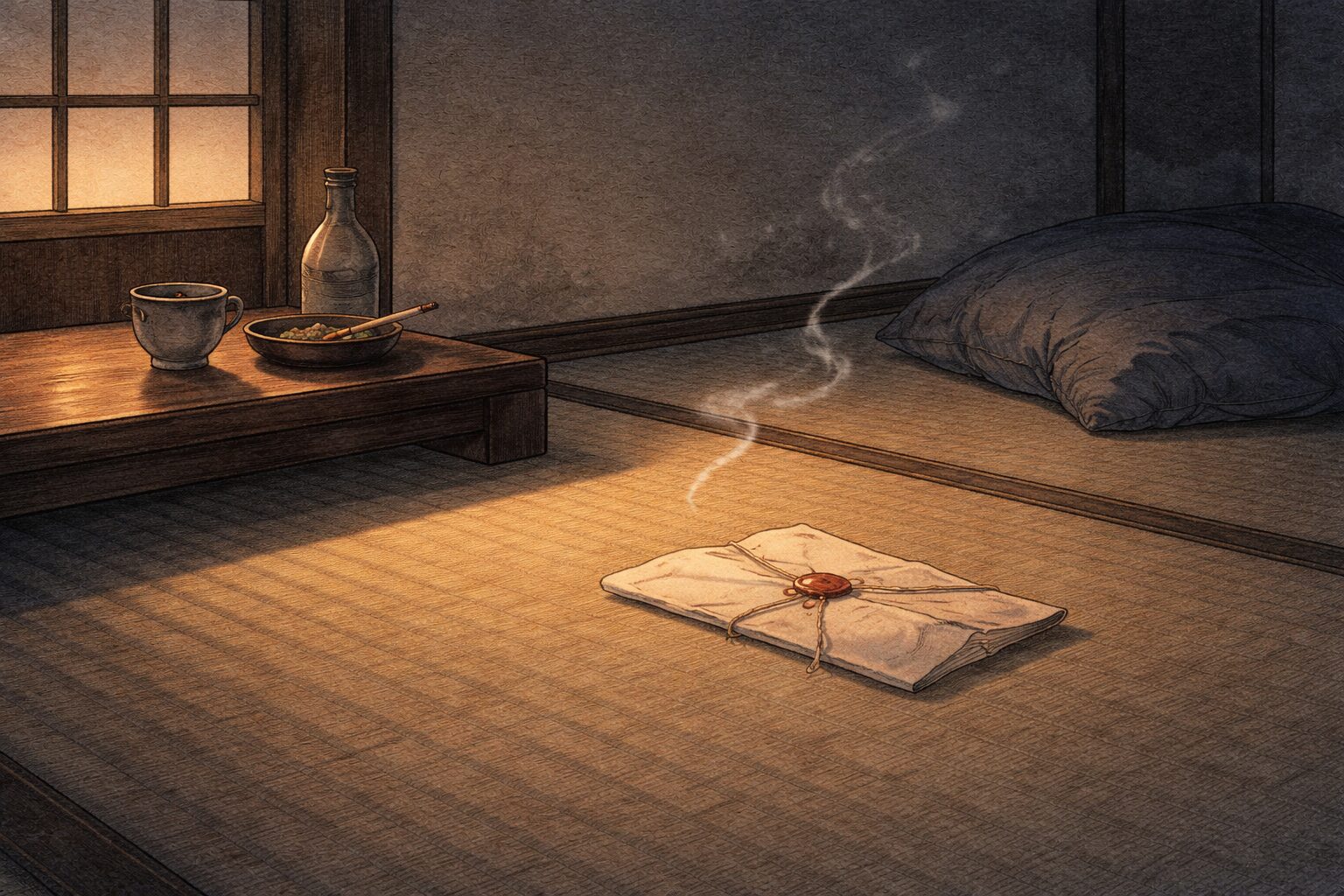 夜の部屋の隅に手紙だけが残り夫婦騒ぎの余韻が漂う一場面