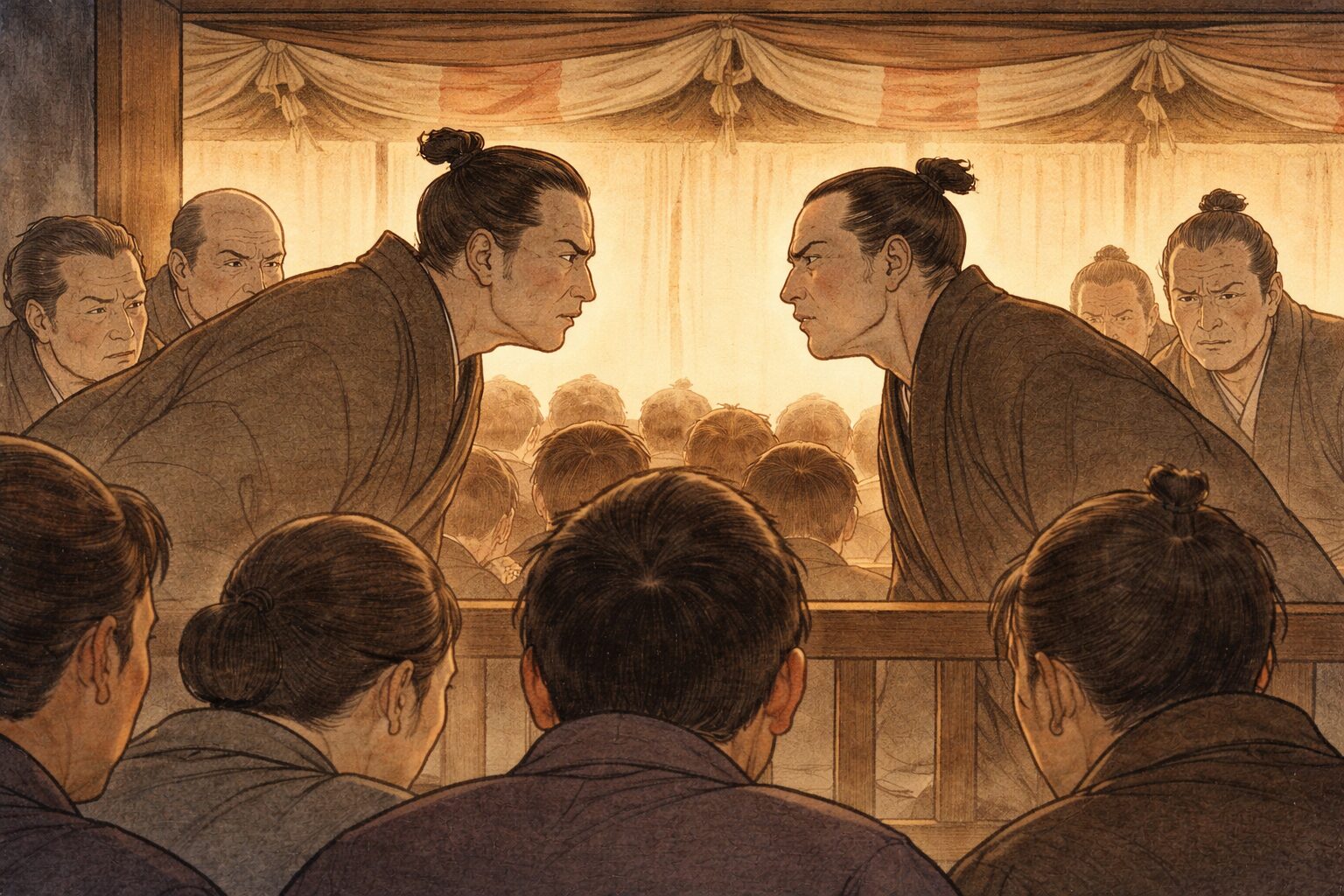 昼の芝居小屋で客席越しに男たちがにらみ合う一場面