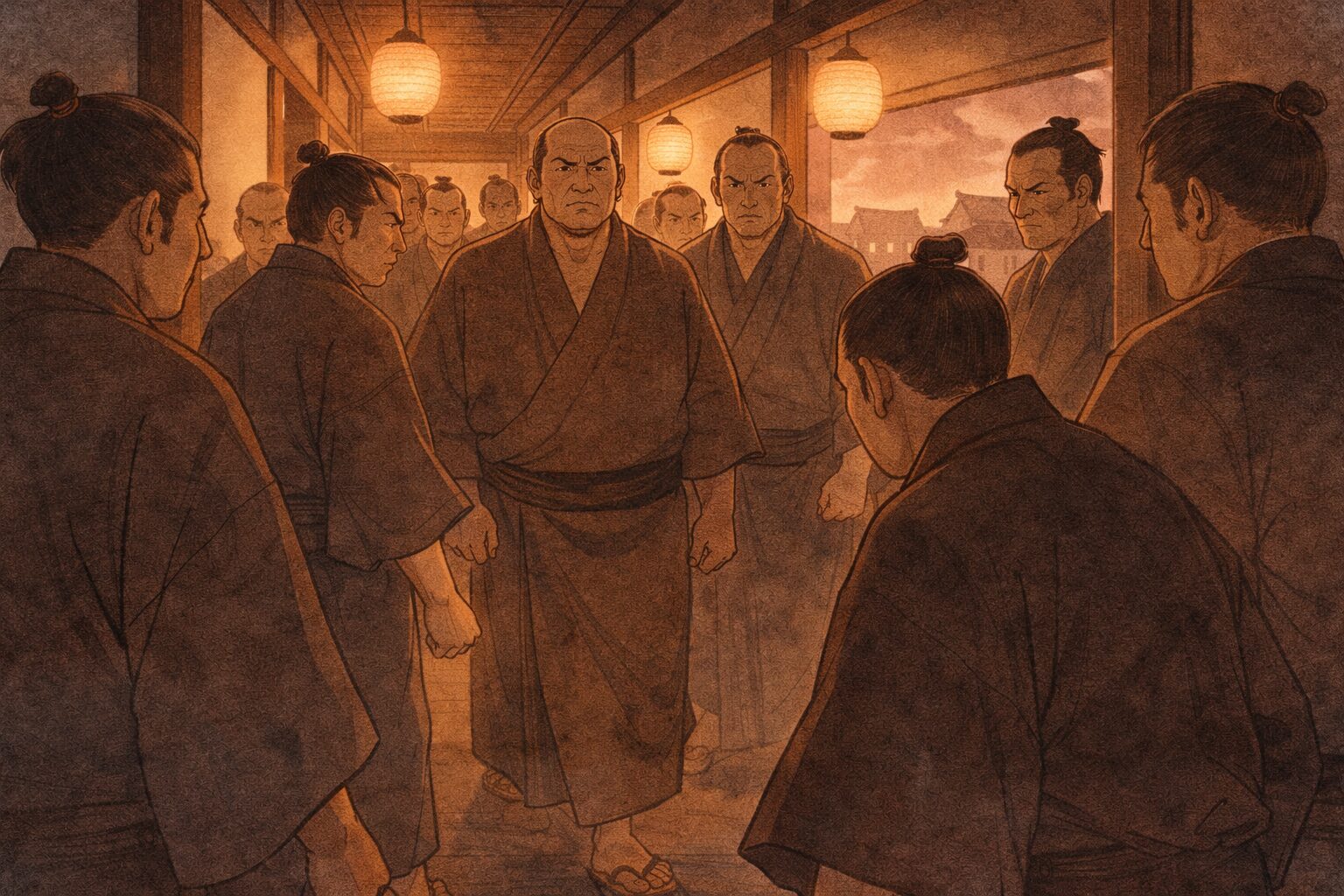 夕方の芝居小屋の通路で次々と強そうな男たちが集まる一場面