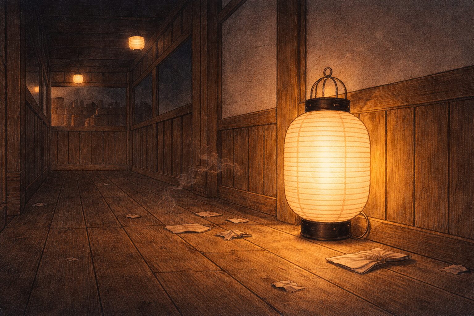 夜の芝居小屋の片隅に提灯だけが残り騒ぎの余韻が漂う一場面