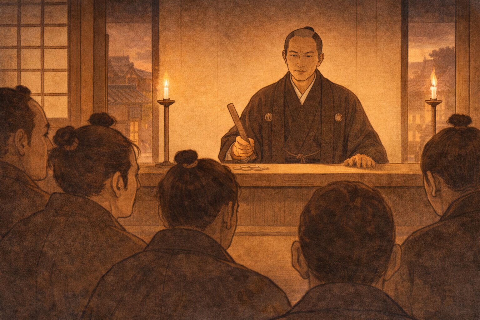 夕方の奉行所で大岡越前が静かに裁きを言い渡す一場面