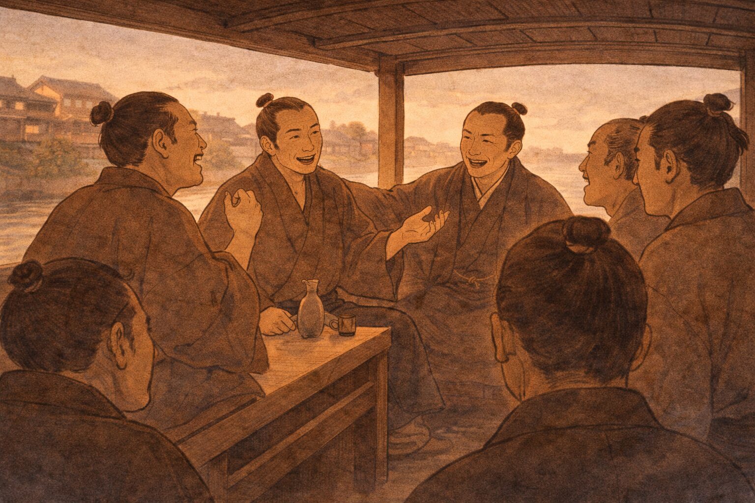昼の乗合船の上で客たちがにぎやかに話し込む一場面