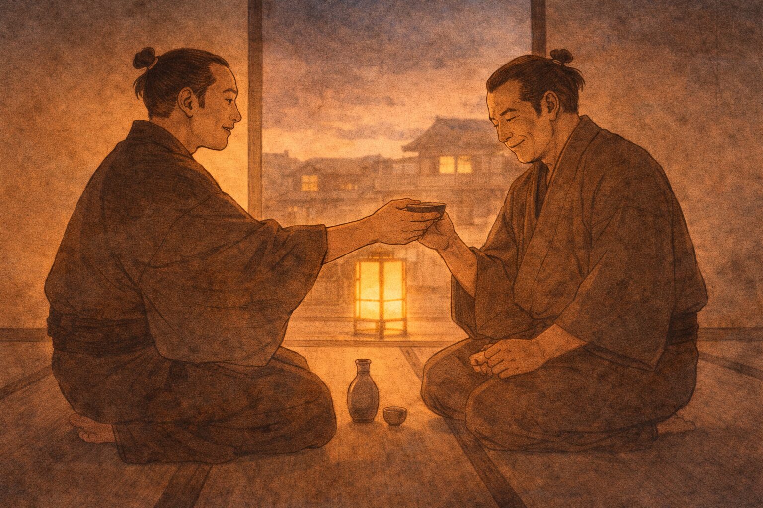 夕方の座敷で若旦那が清蔵に酒を勧め清蔵が気を緩める一場面