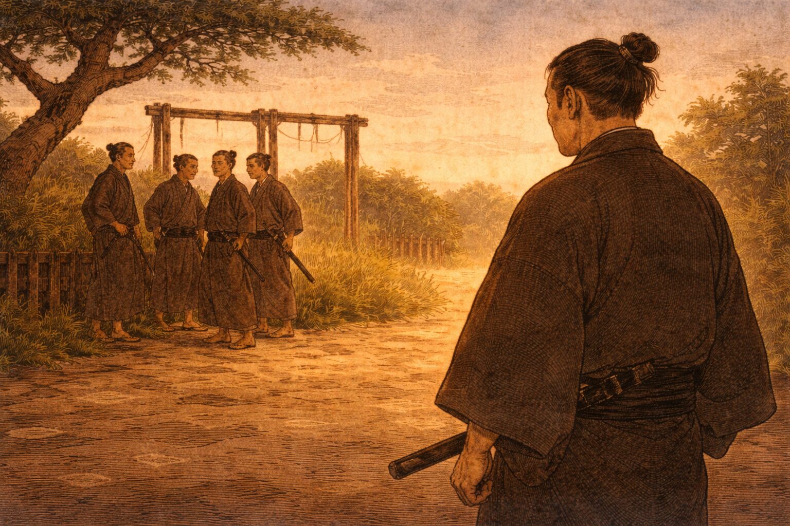 夕方の鈴ケ森で親分格の男が静かに若者を見据える一場面