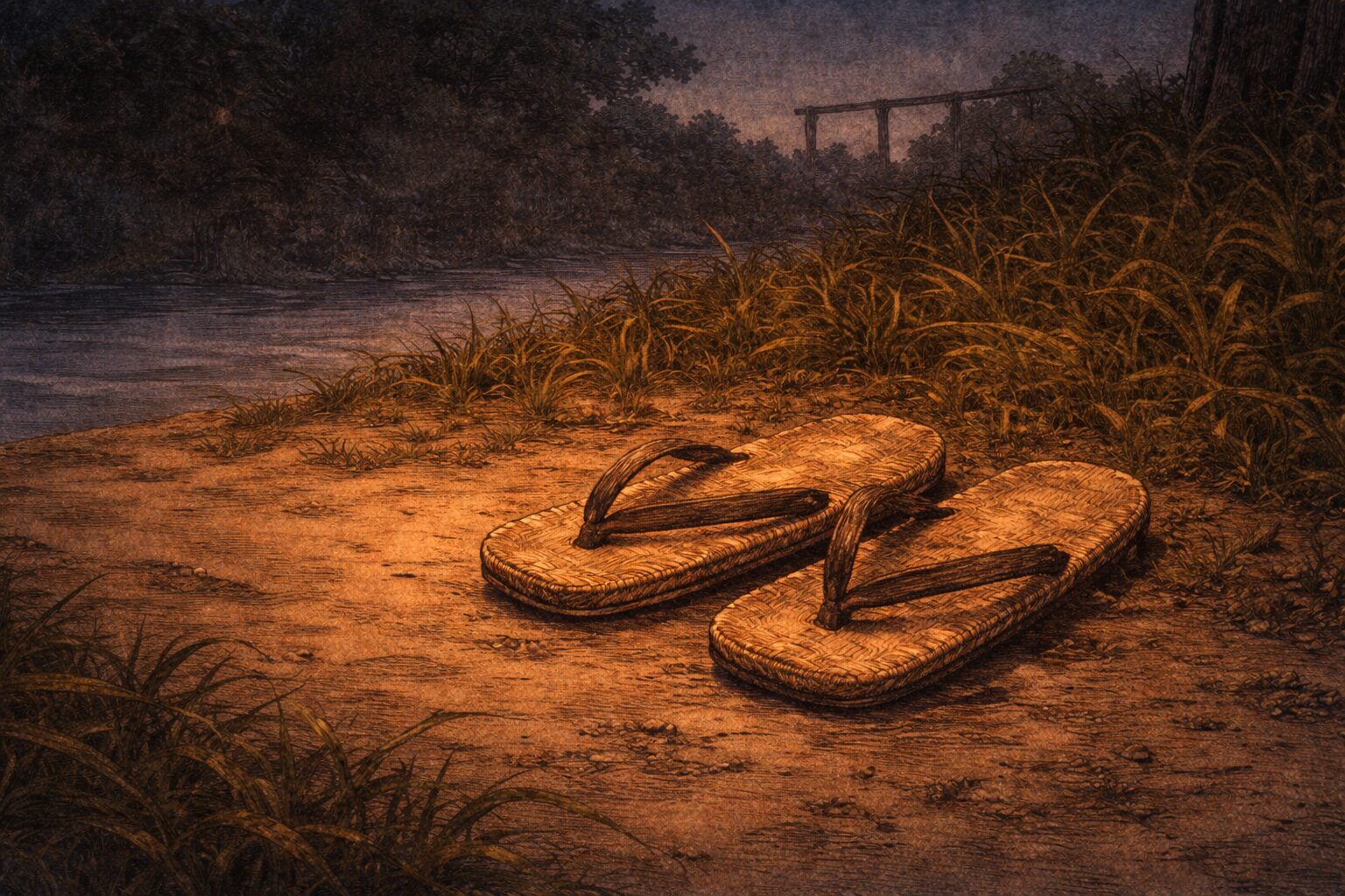 夜の鈴ケ森の土手に草履だけが残り気まずい余韻が漂う一場面