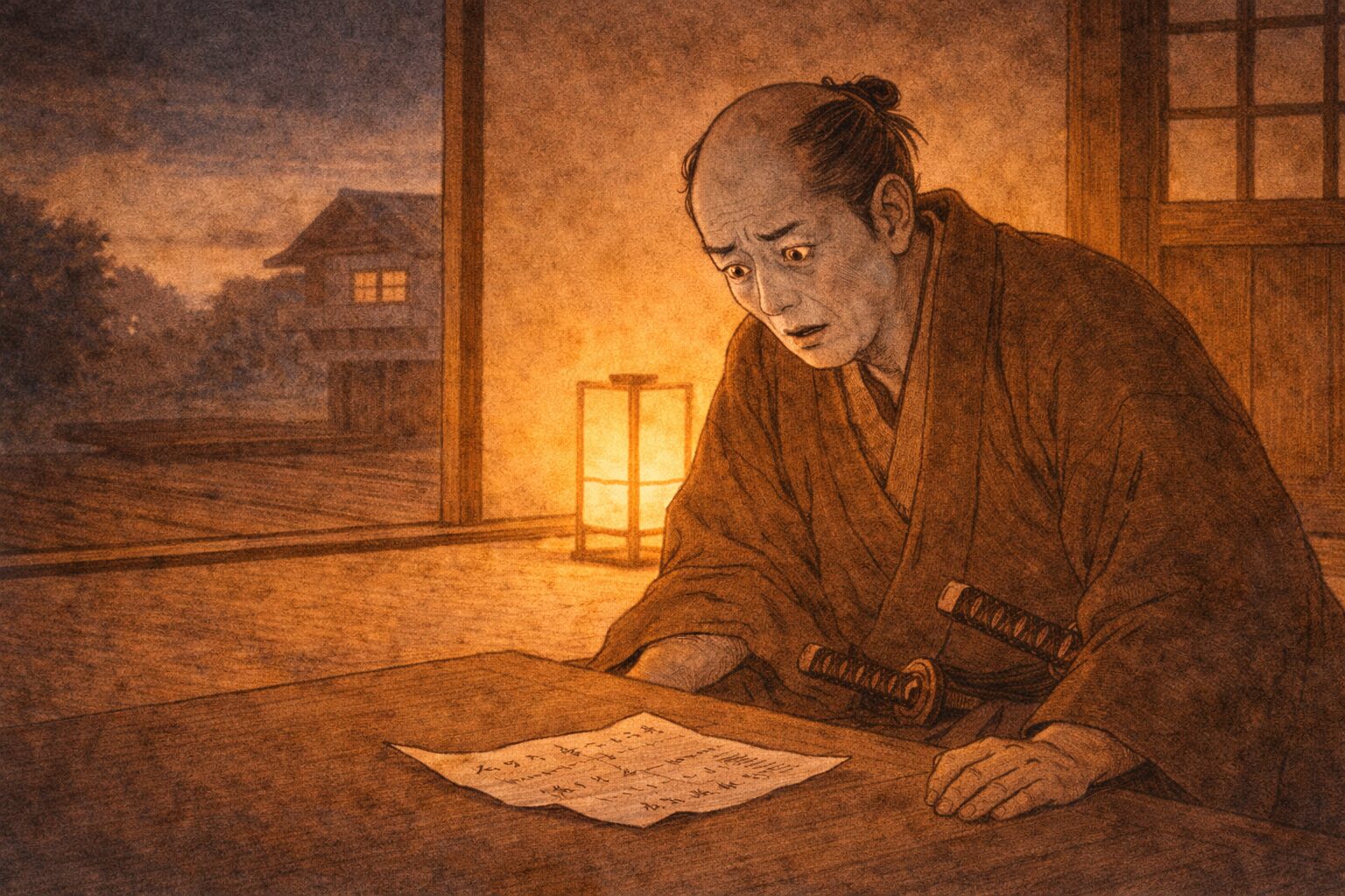 夕方の座敷で三太夫が手紙を前に青ざめる一場面