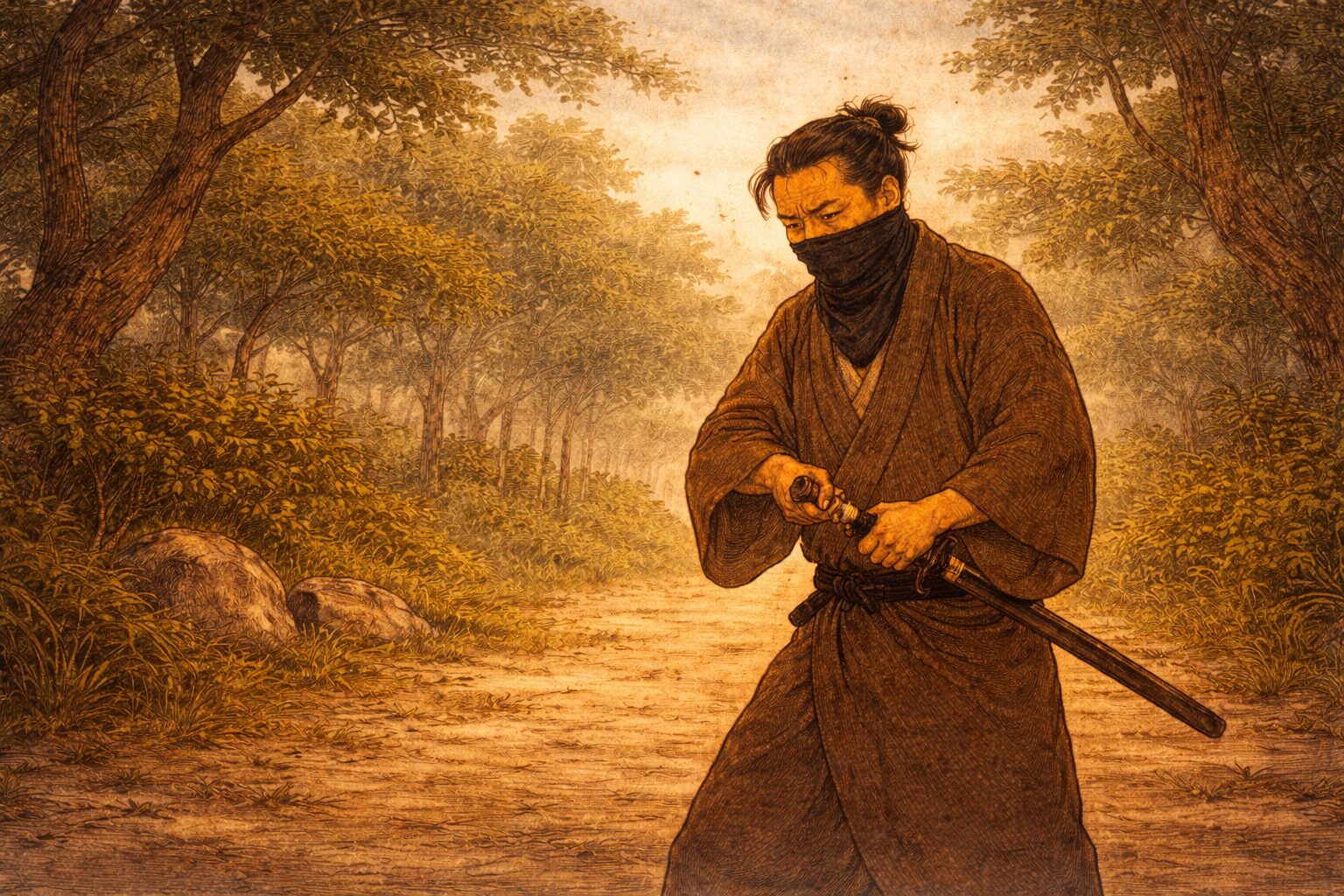 昼の崇禅寺馬場で男が追いはぎの口上を思い出そうと構える一場面