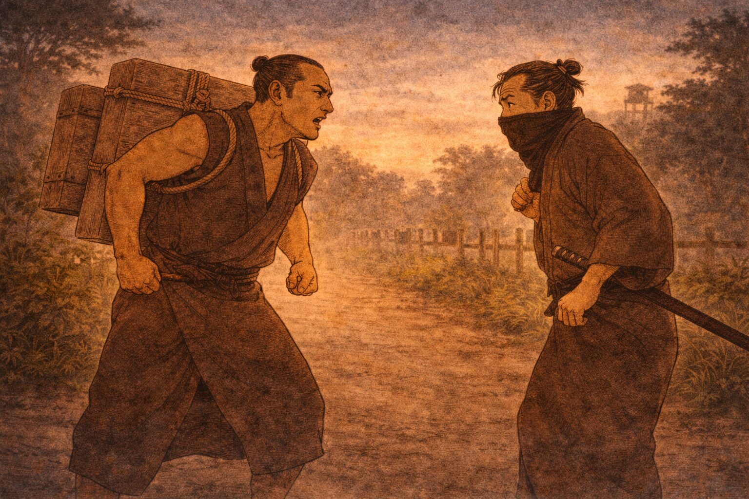 夕方の道ばたで三度飛脚に気圧され喜ィ公がたじろぐ一場面