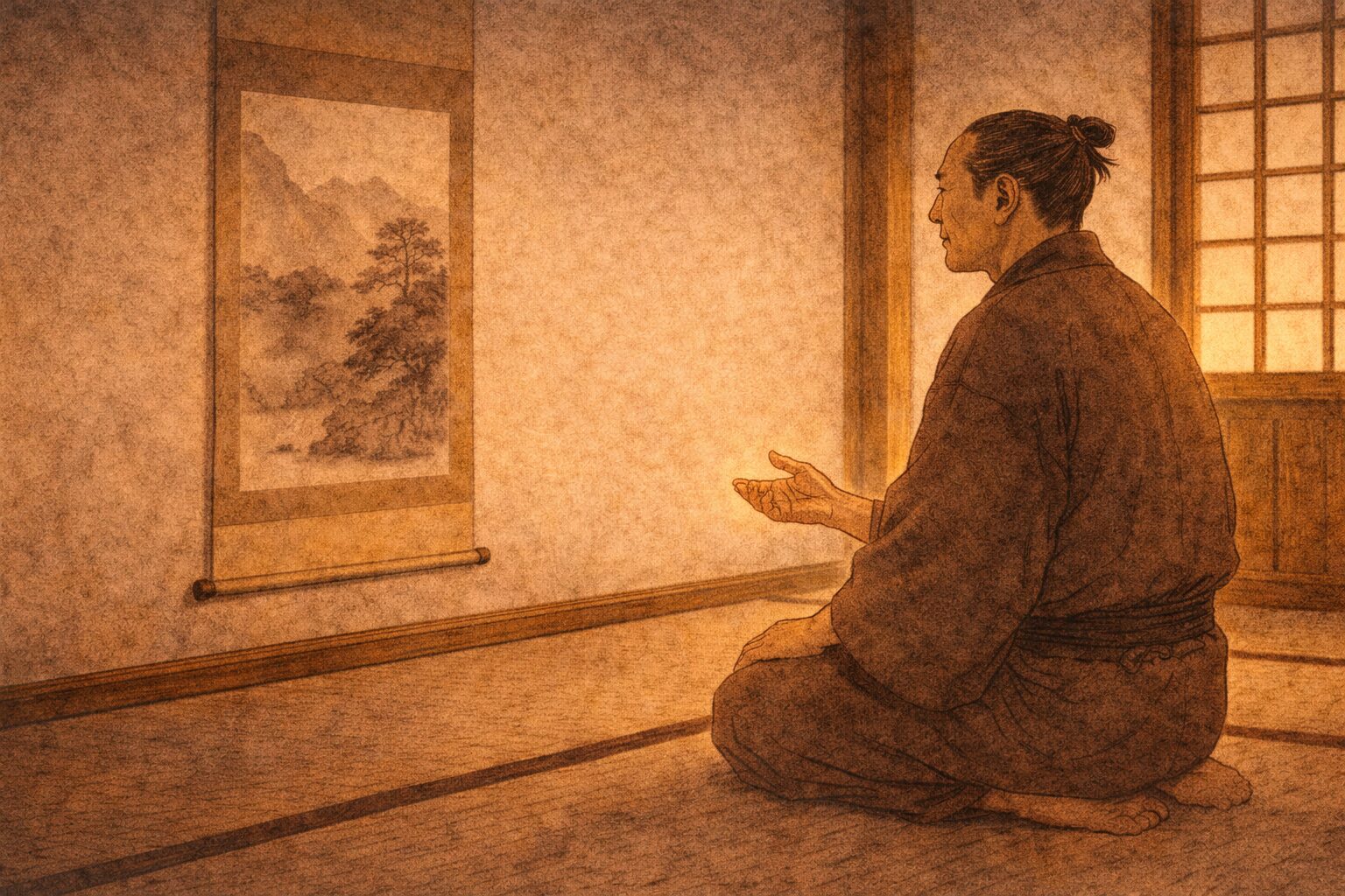 昼の質屋の座敷で房五郎が掛け軸を前に静かに話す一場面
