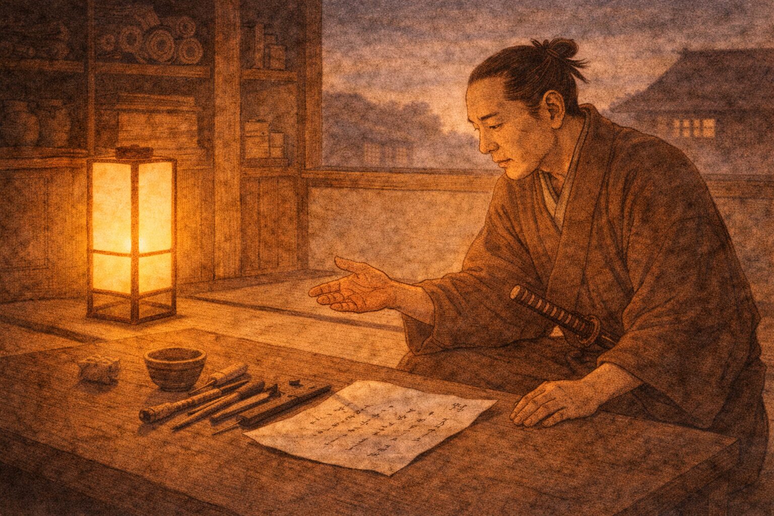 夕方の仕事場で房五郎が細工の相談をする一場面