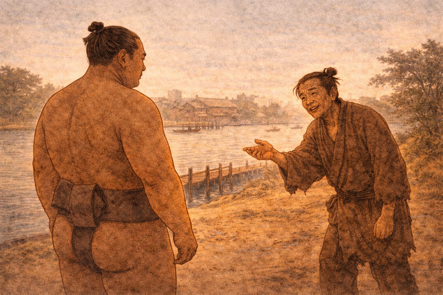 昼の河岸近くで力士が身なりの汚い男に声をかけられる一場面