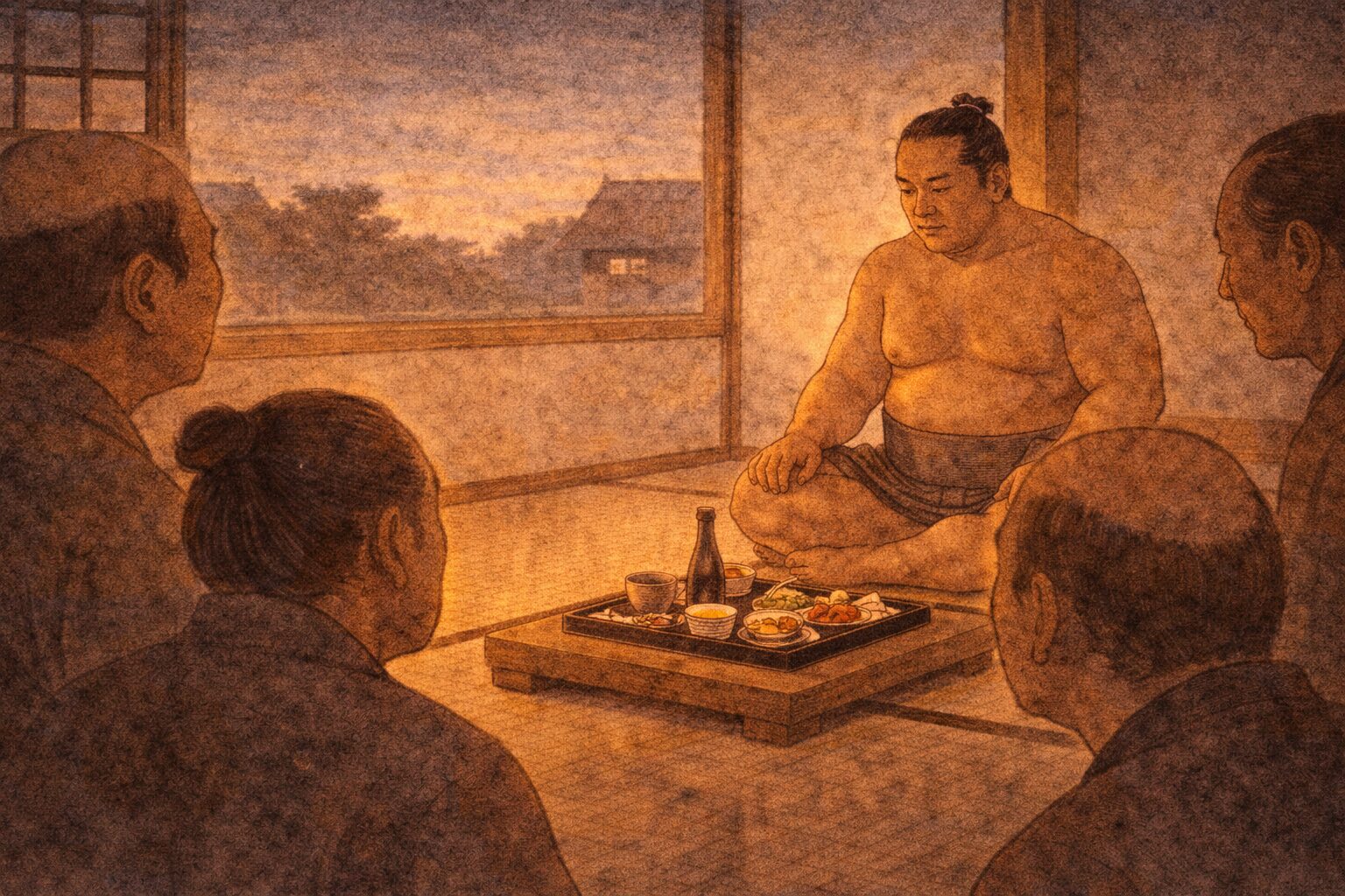 夕方の座敷で力士の前に酒肴が運ばれ周囲が様子をうかがう一場面