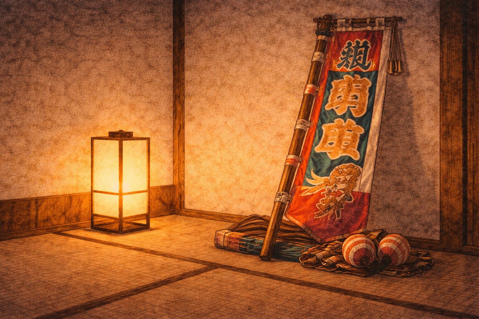 夜の座敷の隅に相撲の幟だけが残り景気のよい余韻が漂う一場面