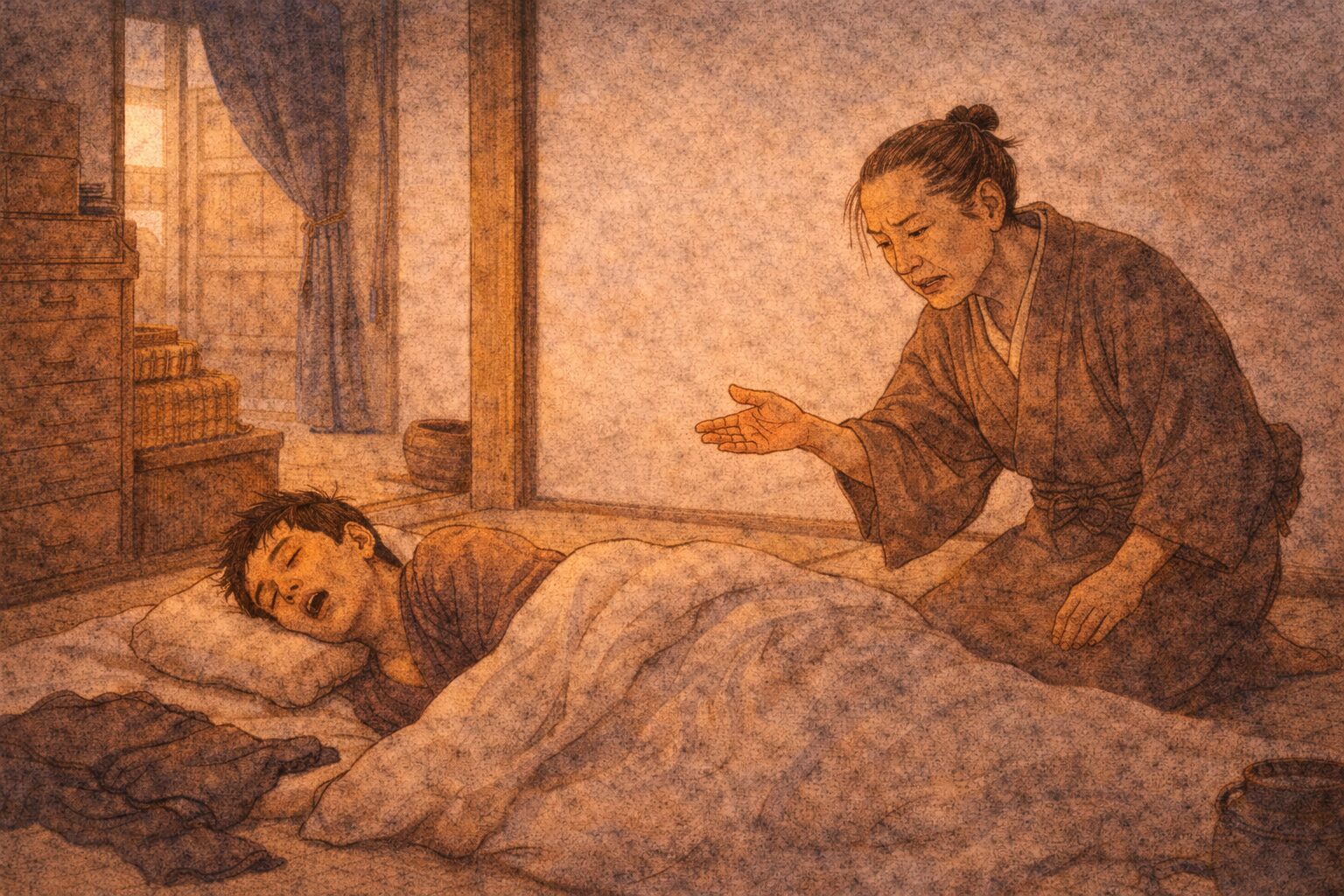 昼の長屋で母親が寝ている息子を起こそうと困り果てる一場面