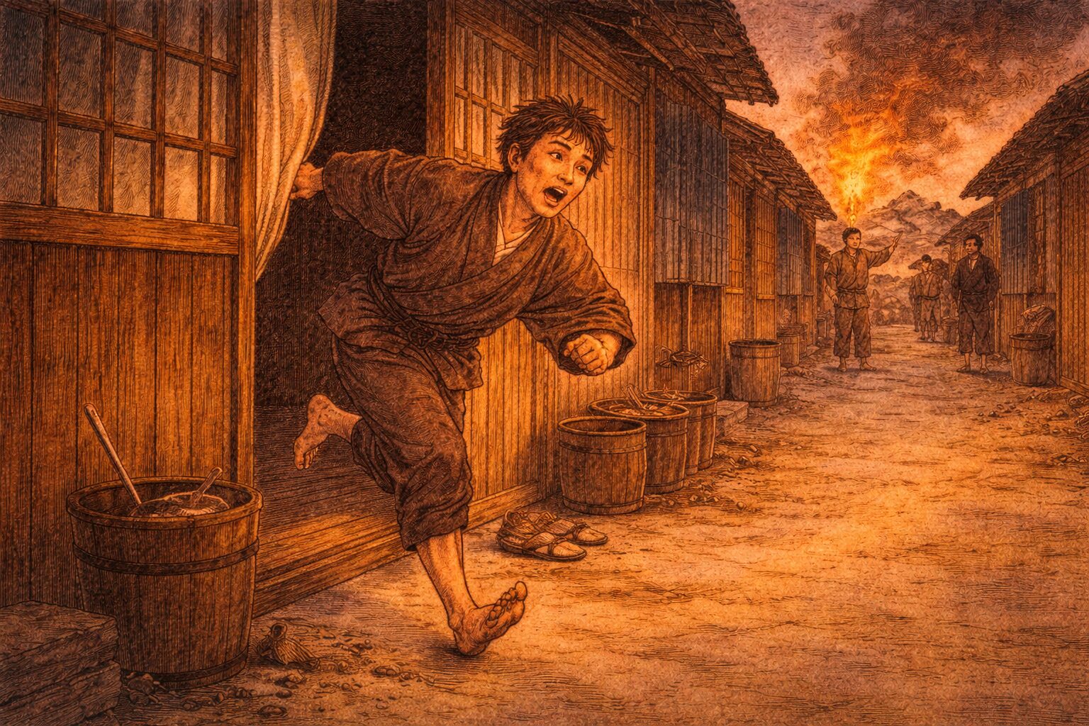 夕方の長屋の表で火事の知らせに息子が飛び出す一場面