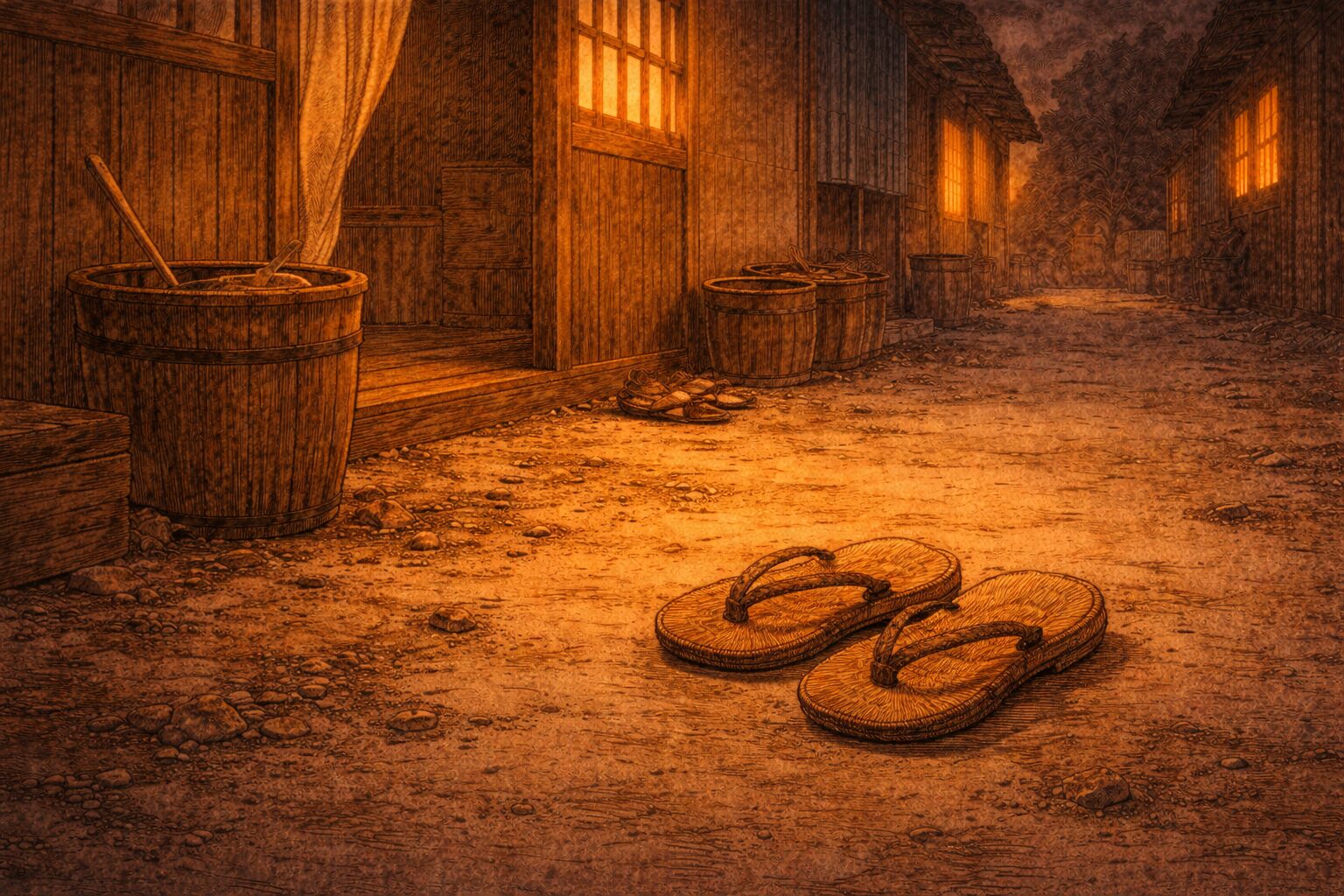 夜の長屋の路地に草履だけが残り騒ぎの余韻が漂う一場面