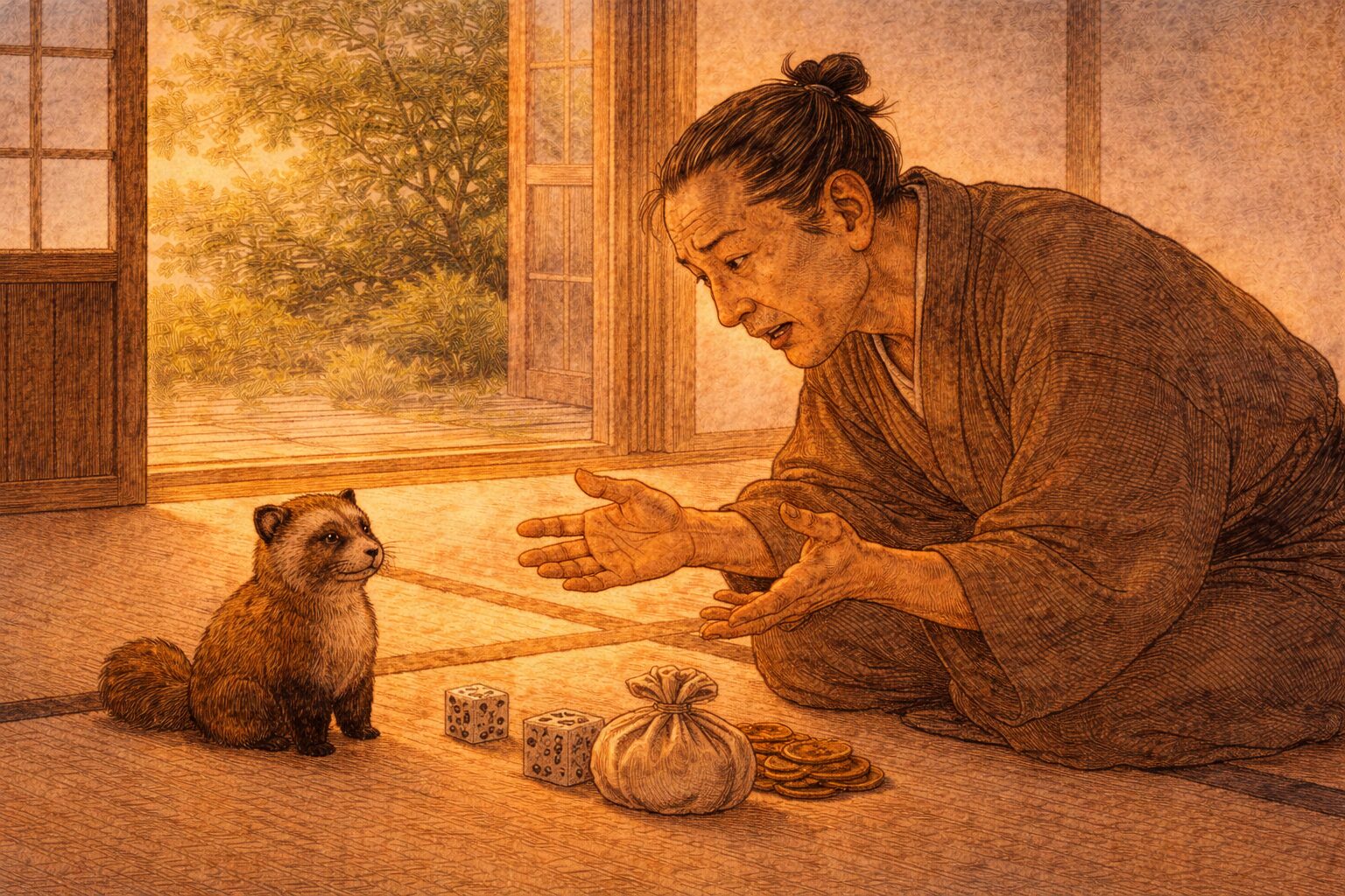 昼の家の座敷で男が小さな狸に向かって賽へ化けるよう頼む一場面