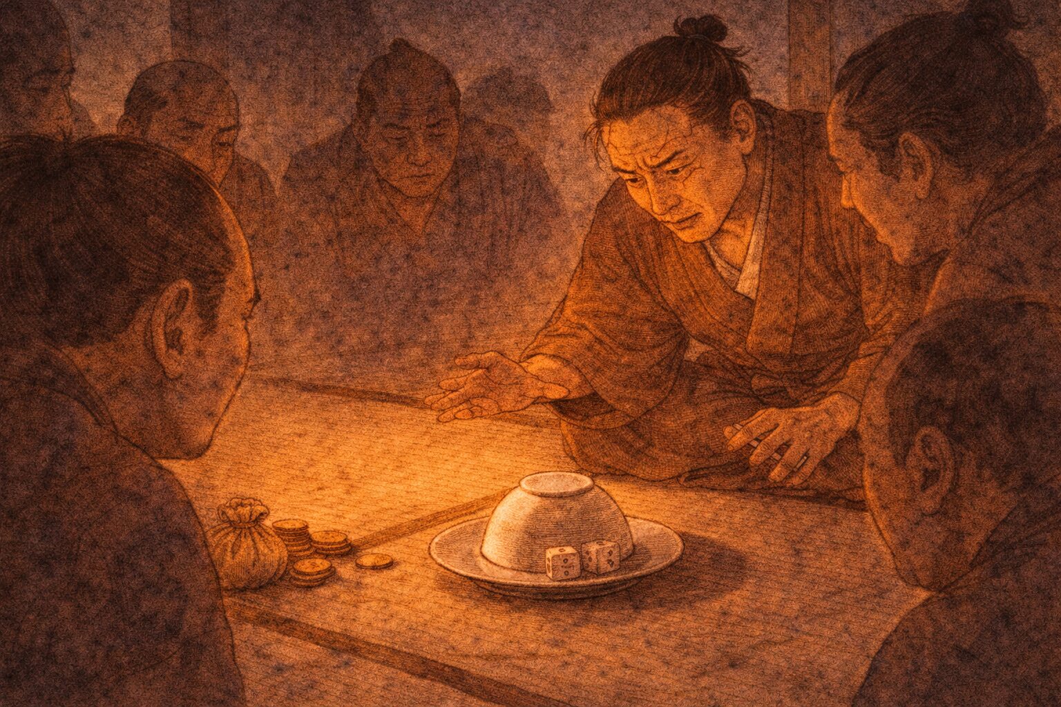 夕方の賭場で男が壺皿を見つめ周囲が息をのむ一場面