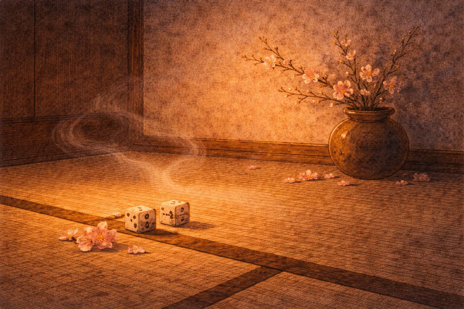 夜の座敷の隅に賽と梅の気配だけが残り不思議な余韻が漂う一場面