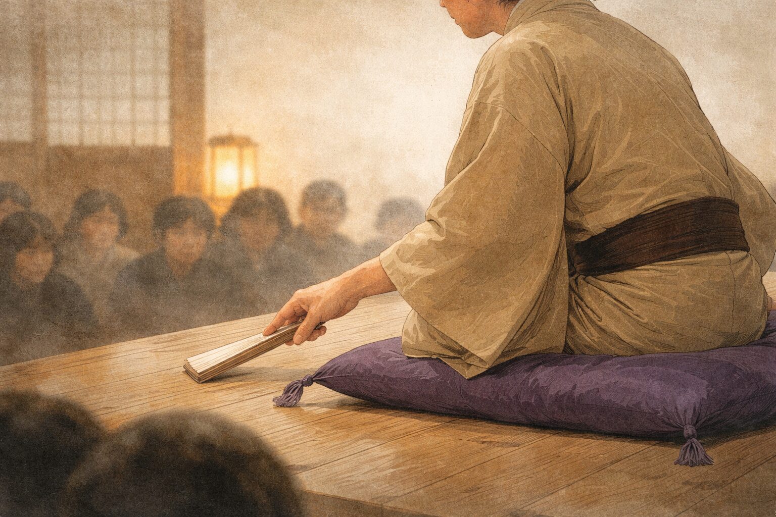 最後の一手で高座の空気が変わるサゲの瞬間を小道具と所作で表した一場面