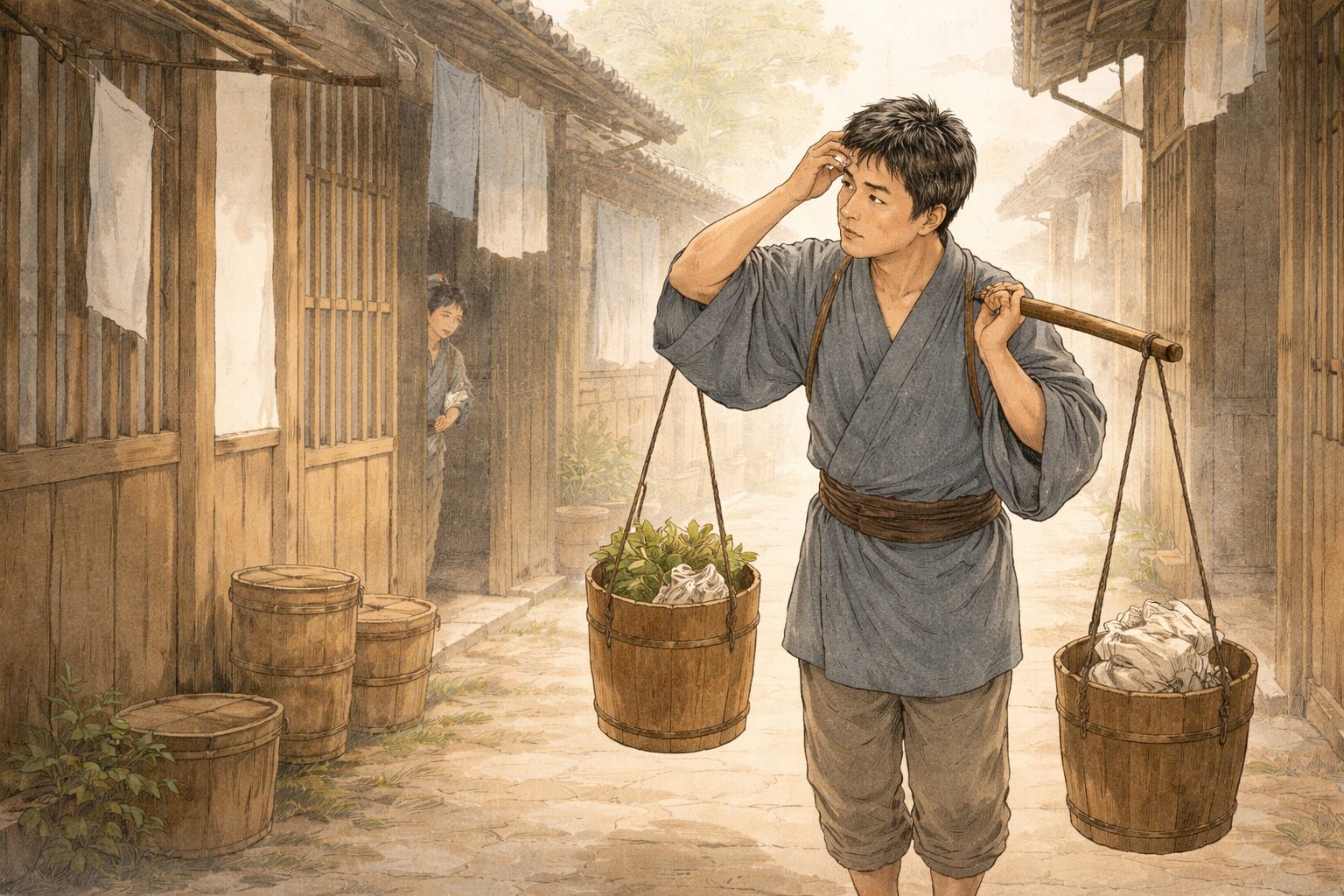 失敗しがちでも憎まれず、長屋の人々に見守られる与太郎像を表した一場面