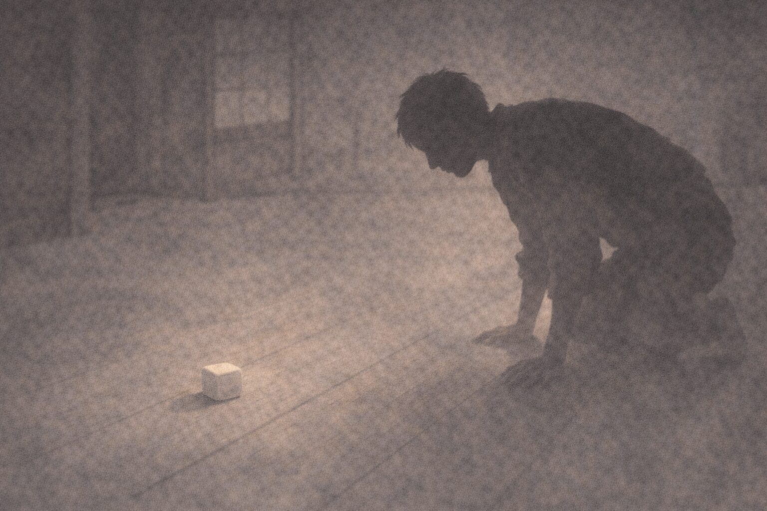 博打場の板の間で、若者の影が転がったサイコロに身を乗り出す一場面