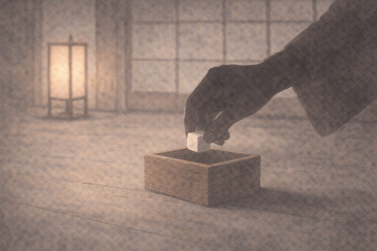 行灯の淡い光の室内で、親分の影が小さな木箱の中へサイコロをしまう一場面