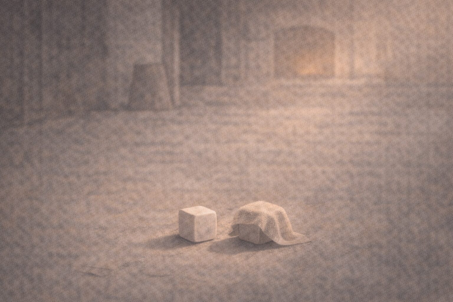 夜明けの土間にサイコロが二つ並び、片方だけ布で隠されている余韻の一場面