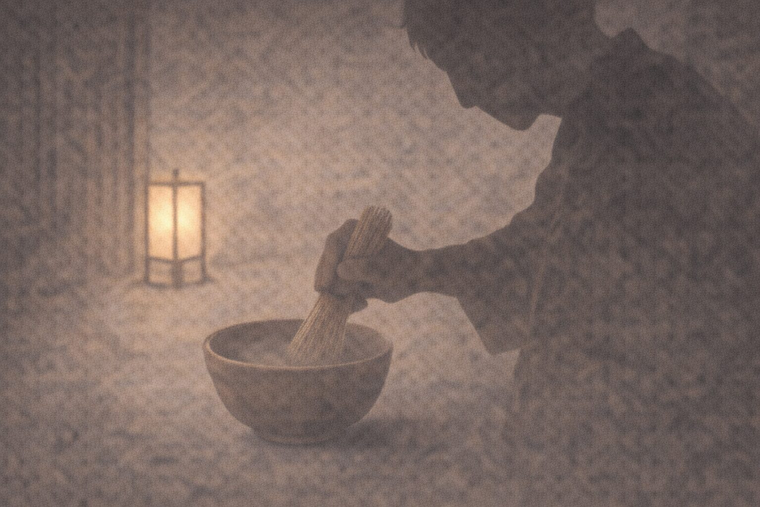 台所の片隅で、隠居の影がすり鉢の中身を茶筅代わりの道具でかき混ぜる一場面