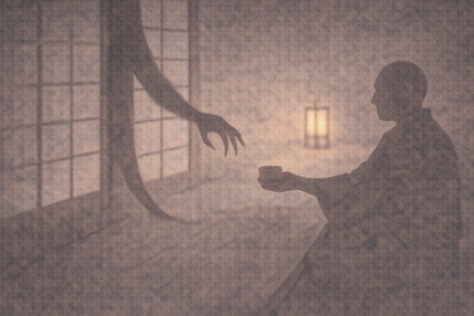 夜の縁側で、障子の隙間から伸びる化け物の影に、隠居の影が落ち着いて湯呑みを差し出す一場面
