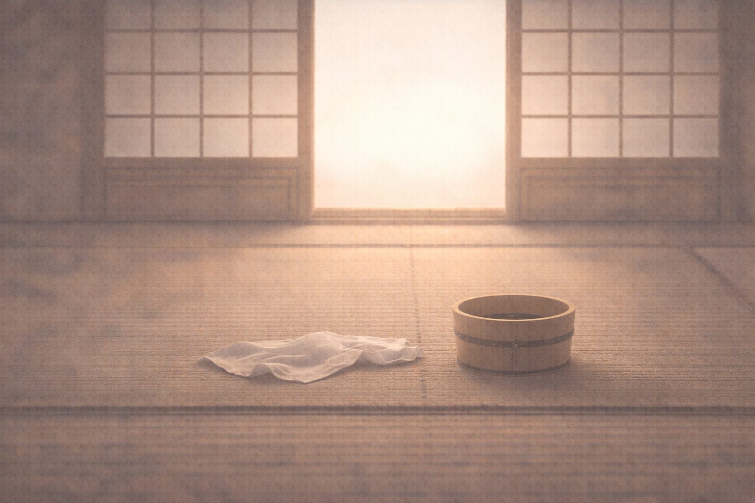 夜明けの座敷に手拭いと桶だけが残り、障子の向こうが白く明るむ余韻の一場面