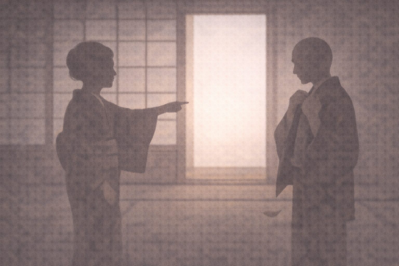 本宅の座敷で、女房の影が戸口を示し、旦那の影が羽織に手をかけてためらう一場面