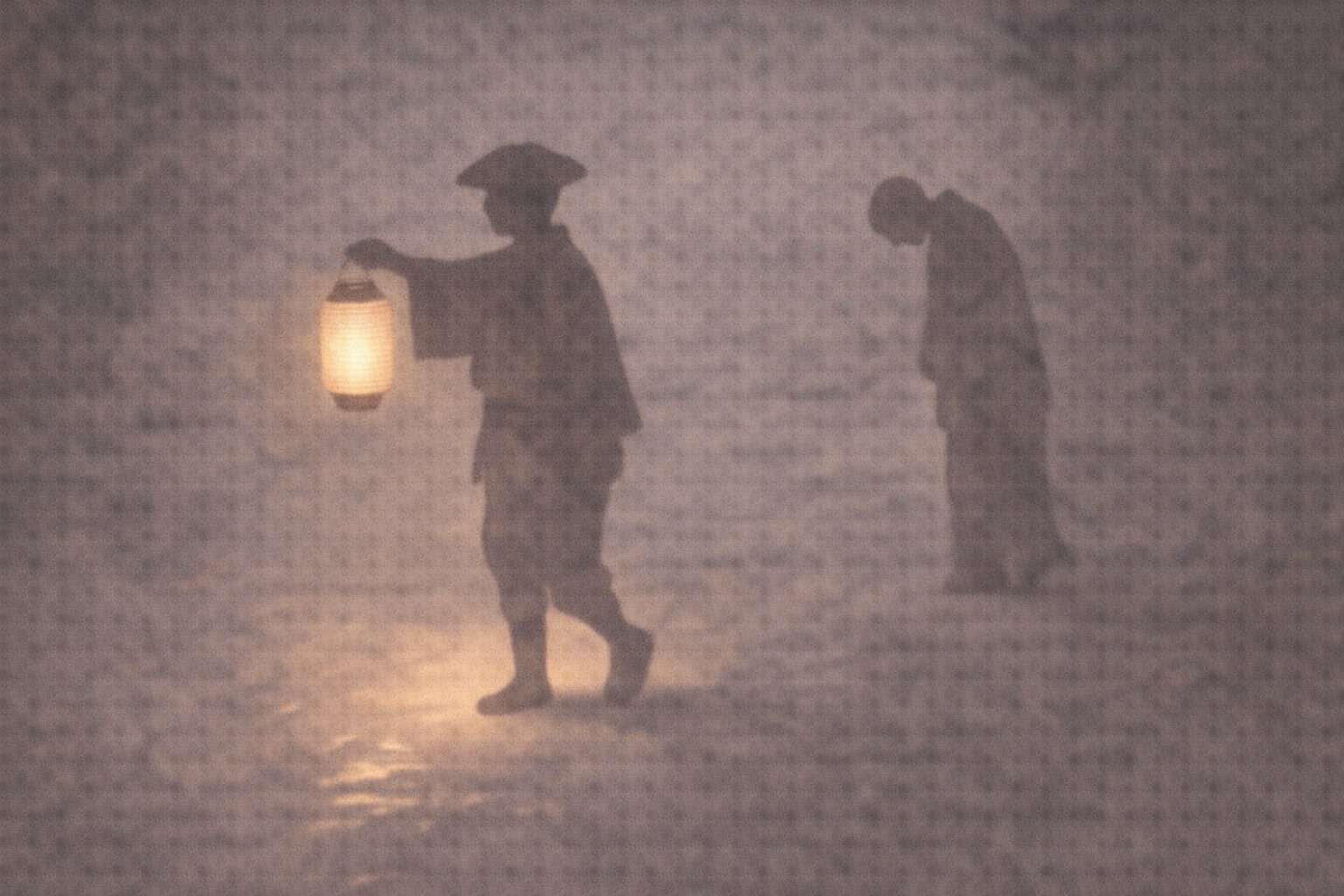 夜道で、権助の影が提灯を掲げて先を照らし、後ろで旦那の影が肩を落としてついていく一場面