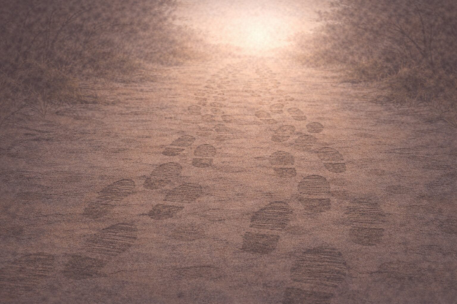 夜明けの土の道に二組の足跡が何度も重なり、道の先が白く明るむ余韻の一場面