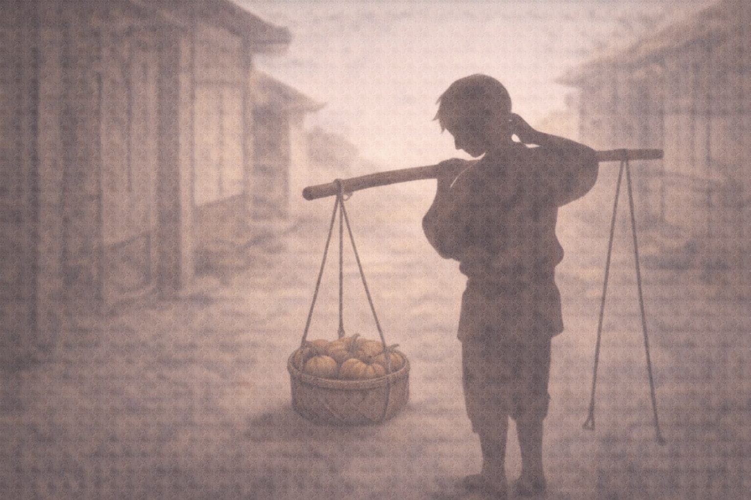 昼の路地で、天秤棒を担いだ与太郎の影が立ち止まり、かぼちゃの入った籠を見下ろして首をかしげる一場面