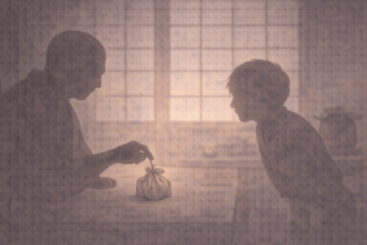 夕方の台所で、叔父の影が小さな包みを指先でつまみ、与太郎の影が身を乗り出して聞き入る一場面