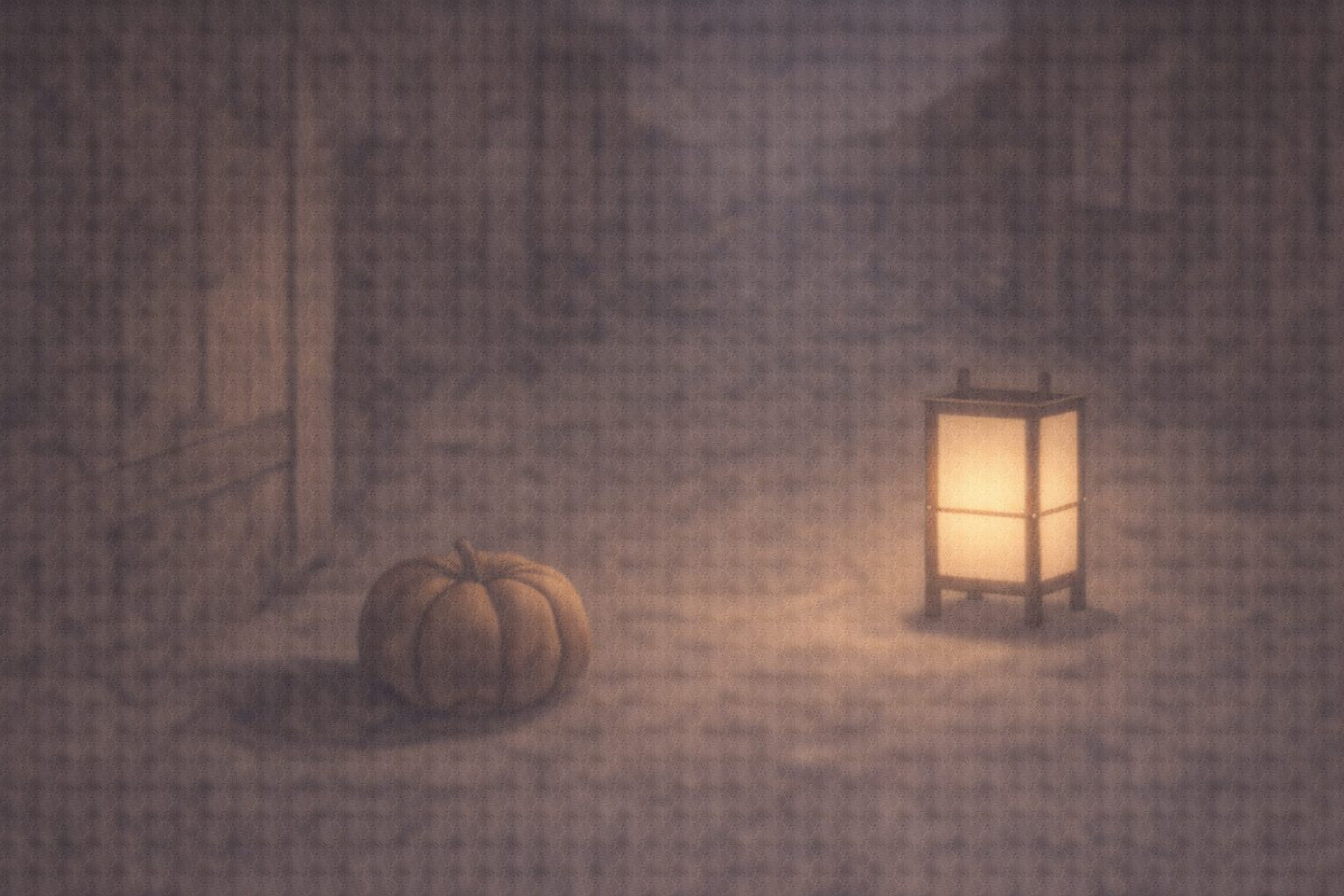 夜の路地の片隅に売れ残ったかぼちゃが一つ置かれ、行灯の光だけが静かに当たる余韻の一場面