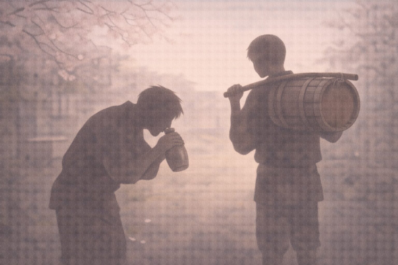 昼の花見の道で、酒樽を担いだ男の影が立ち止まり、もう片方の影が徳利を覗き込んで焦る一場面