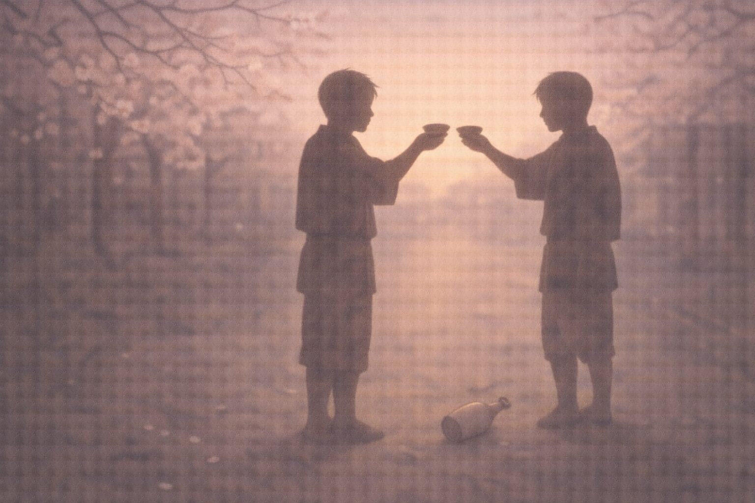 夕方の桜並木の下で、二人の影が向かい合って盃を掲げ、足元に空に近い徳利が転がる一場面