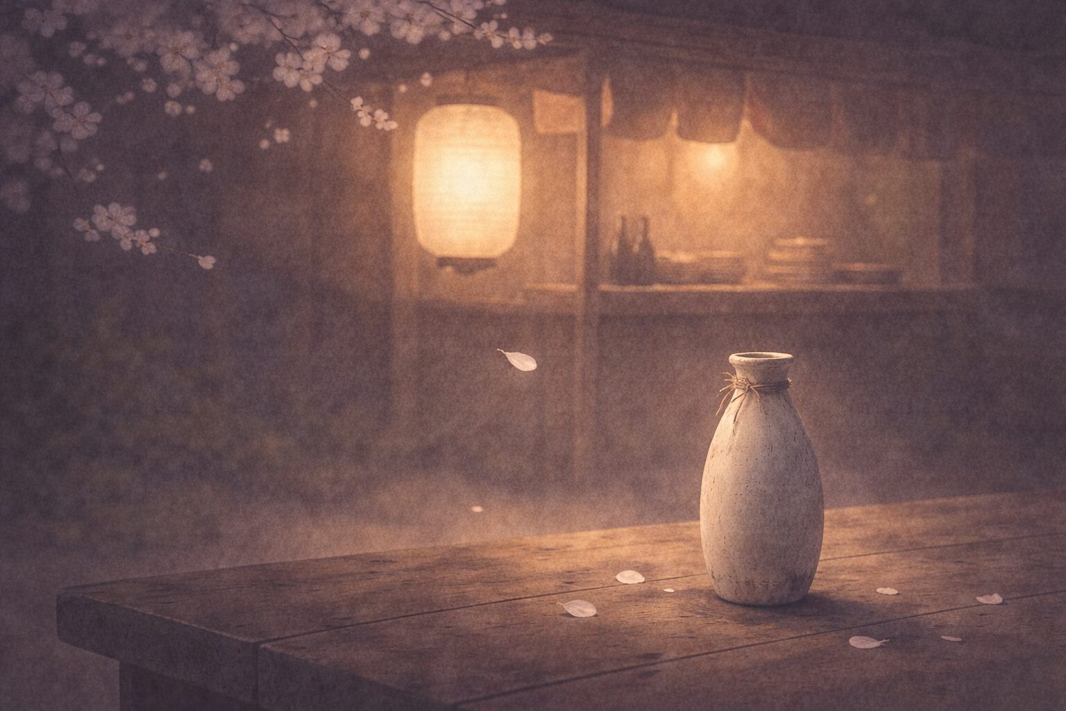 夜の屋台の灯りの下に空の徳利が一本だけ残り、桜の花びらが静かに落ちる余韻の一場面