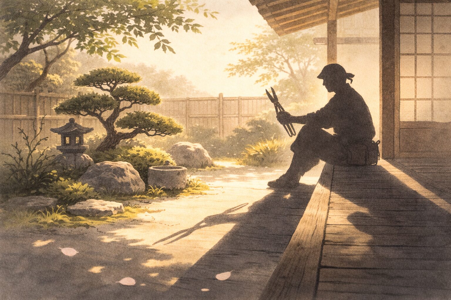 昼の庭先で、植木屋の影が剪定鋏を持って一息つき、縁側の涼しい陰が伸びる一場面