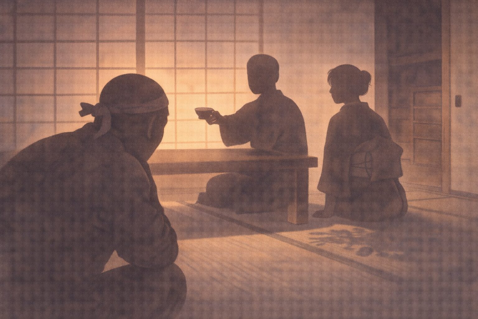 夕方の座敷で、旦那の影が杯を示し、奥方の影が押入れの方へ目配せするのを植木屋の影が聞き耳を立てる一場面