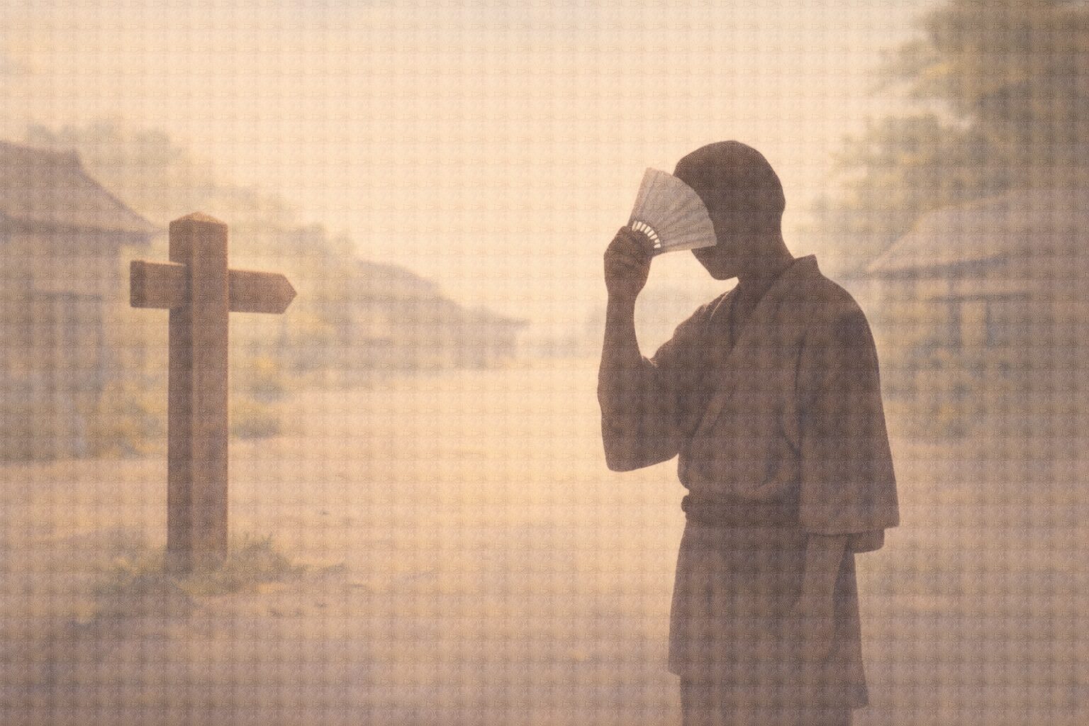 昼の街道で、亭主の影が道標の前で立ち尽くし、手にした扇子で額をぬぐう一場面