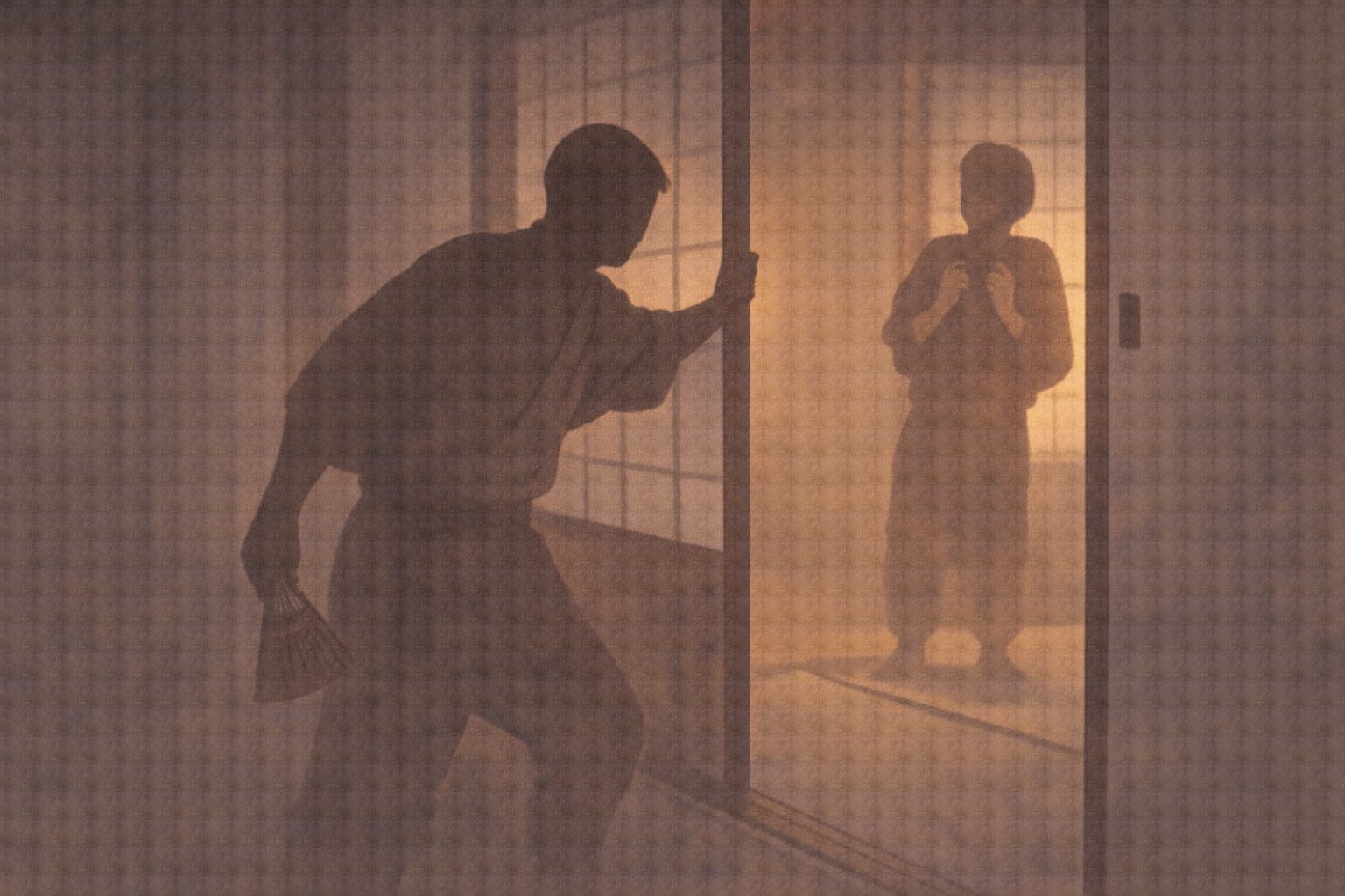 夕方の長屋の戸口で、亭主の影が勢いよく戸を開け、奥で隣人の影が驚いて固まる一場面