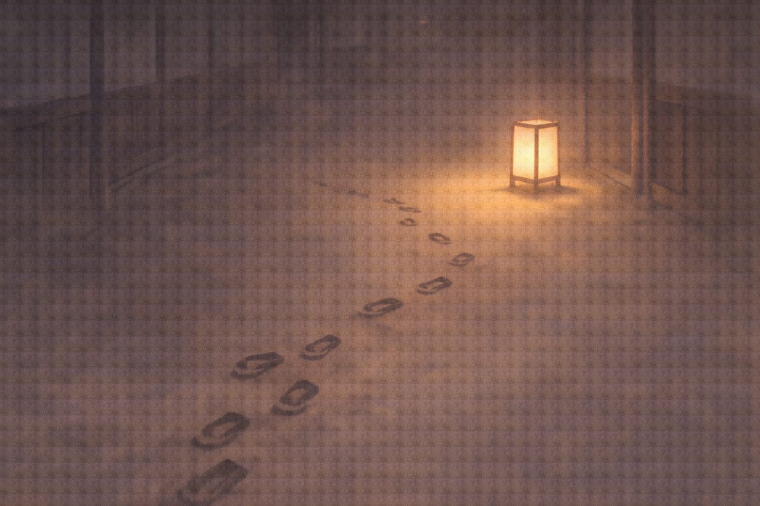 夜の長屋の路地に下駄の跡が斜めに乱れ、行灯の光がぽつんと落ちる余韻の一場面