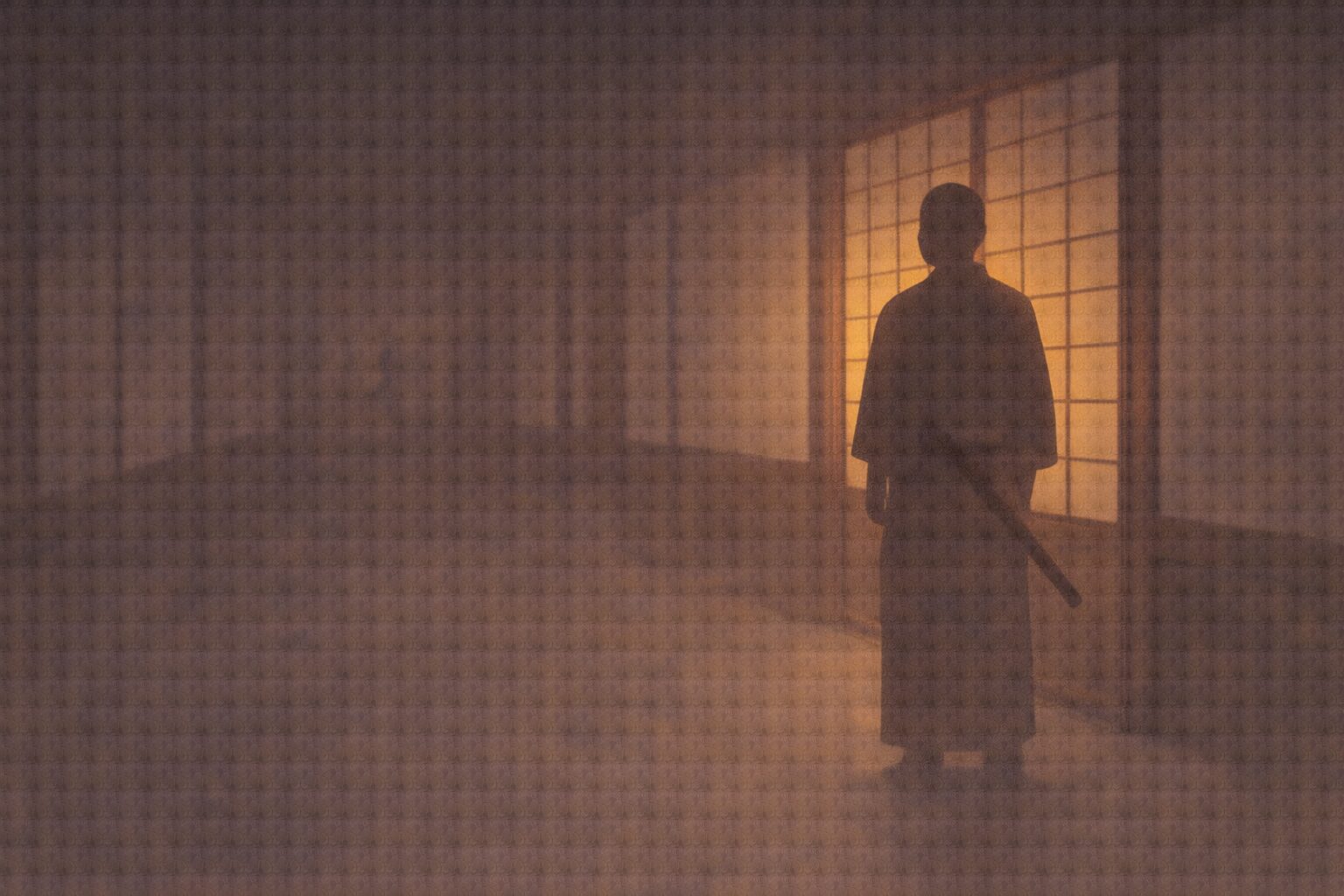 夜の宿の廊下で、侍の影が障子の前に静かに立ち、奥の部屋から灯りが漏れる一場面