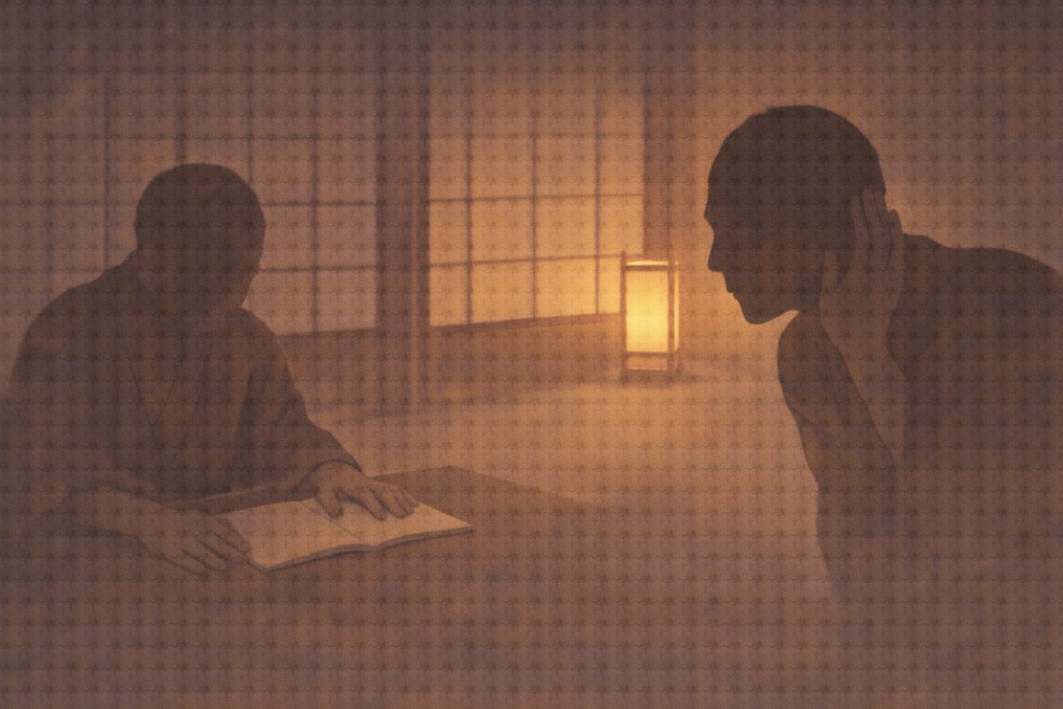 夕方の帳場で、宿屋の影が手元の帳面を押さえ、もう一人の影が耳を澄ませて隣室の気配をうかがう一場面