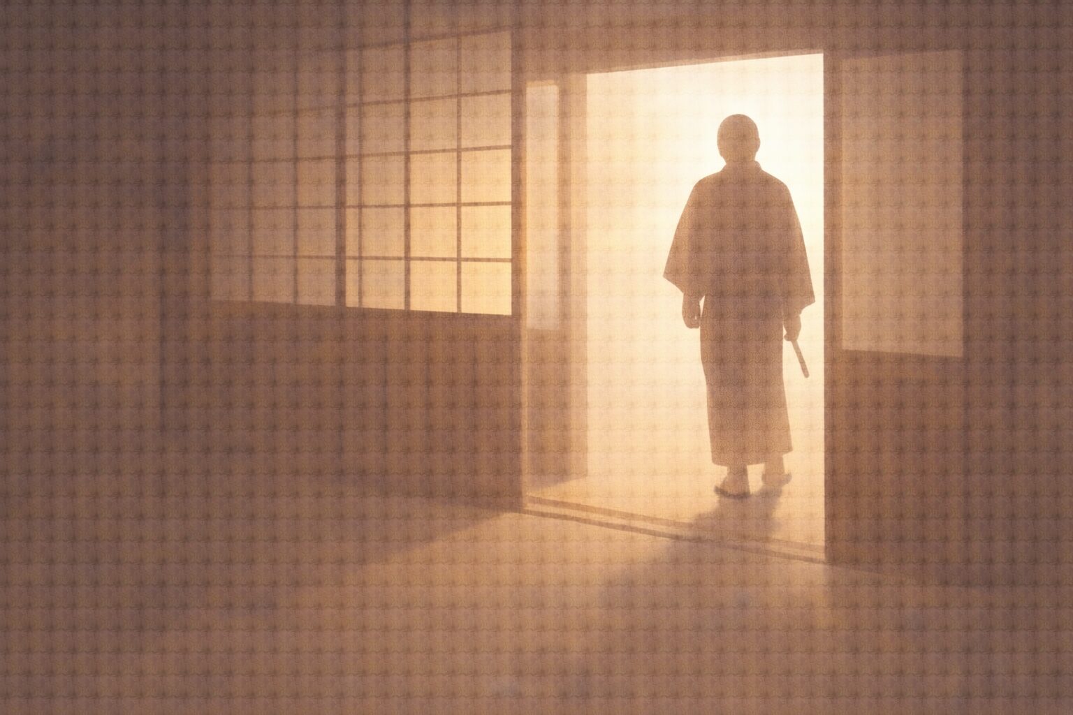 朝の宿の玄関口で、侍の影が草履を履いて外へ出ていき、障子越しの光がまぶしく差す余韻の一場面